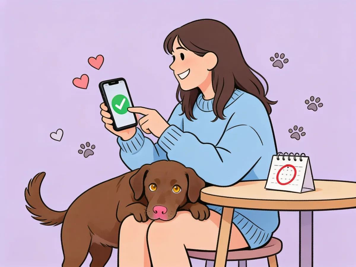 Ilustración: una persona confirma la reserva en su celular junto a su perrito